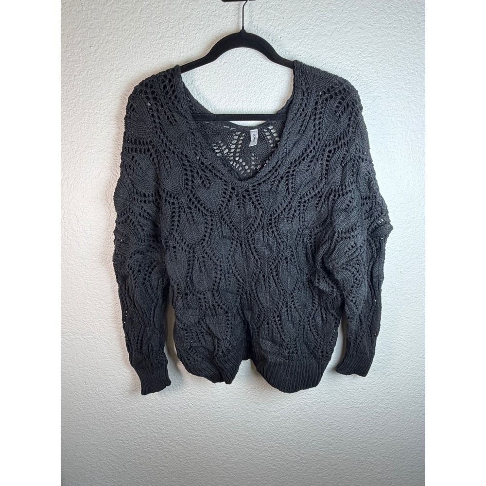 Sweater Boho Whimsigoth Crochet Top V Neck W L Black Open Knit Dark Romantic